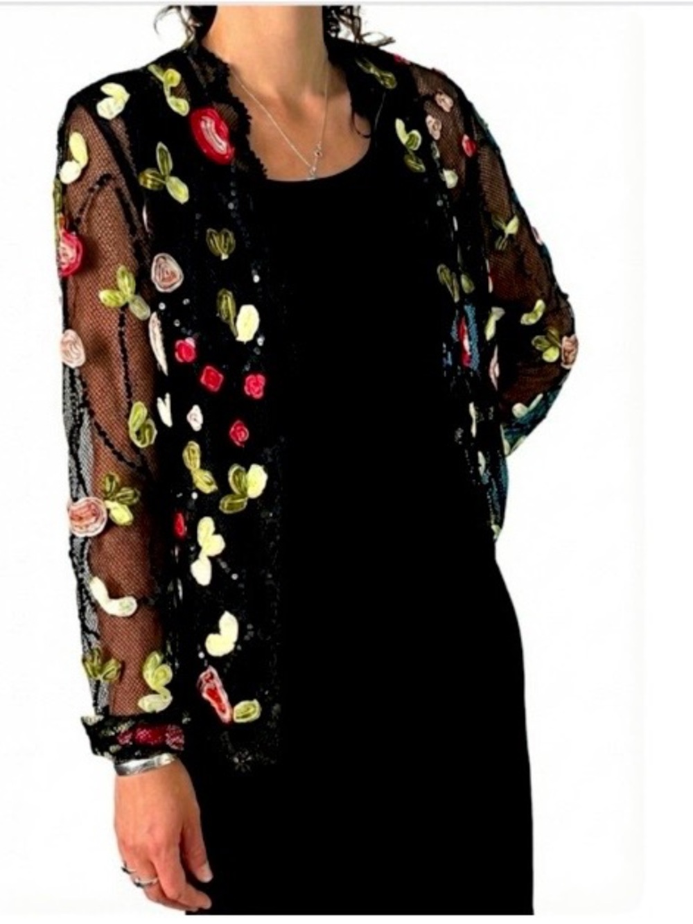Vintage Black Mesh Jacket Sequins & Appliqués • Pink & Yellow Floral • Occasion